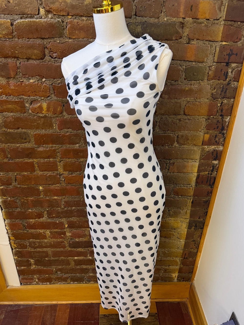 AFRM White and Black Polka Dot One-Shoulder Maxi Dress